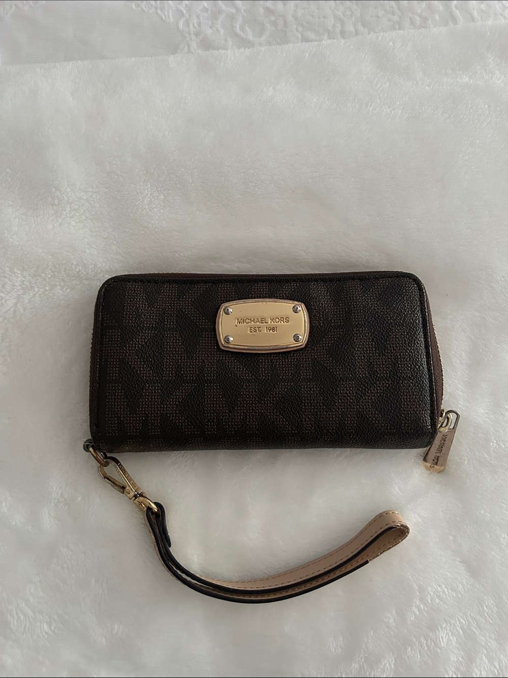 Michael Kors Dark Brown Logo Zip Wristlet / Wallet with Gold Hardware